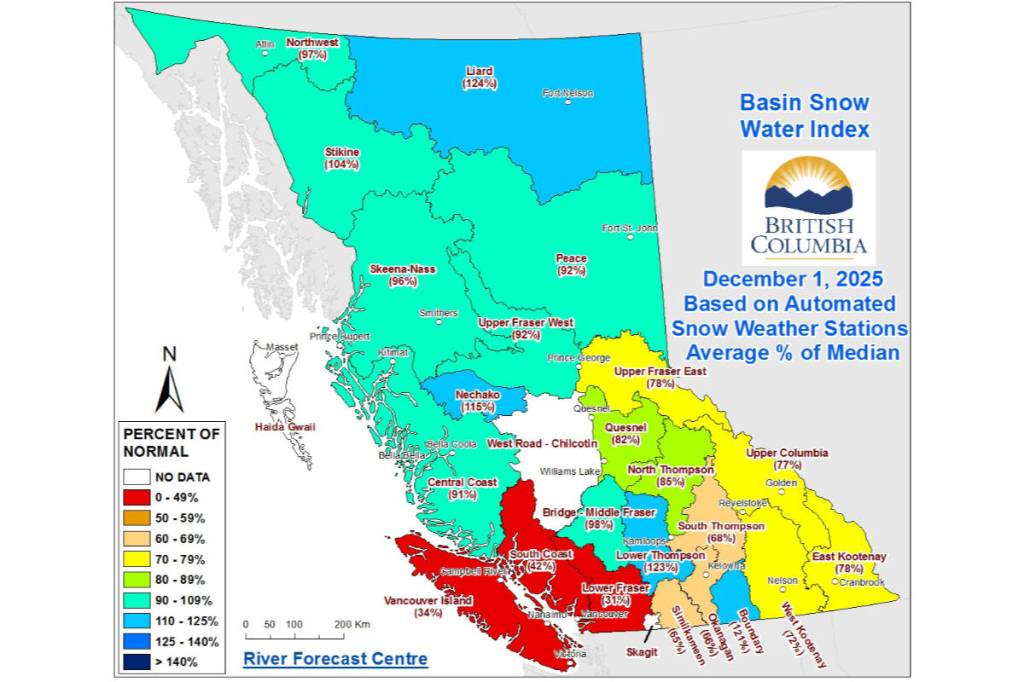 Snow levels in the Okanagan and Similkameen are well below normal, according to information from the provincial River Forecast Centre. (BC River Forecast Centre map)