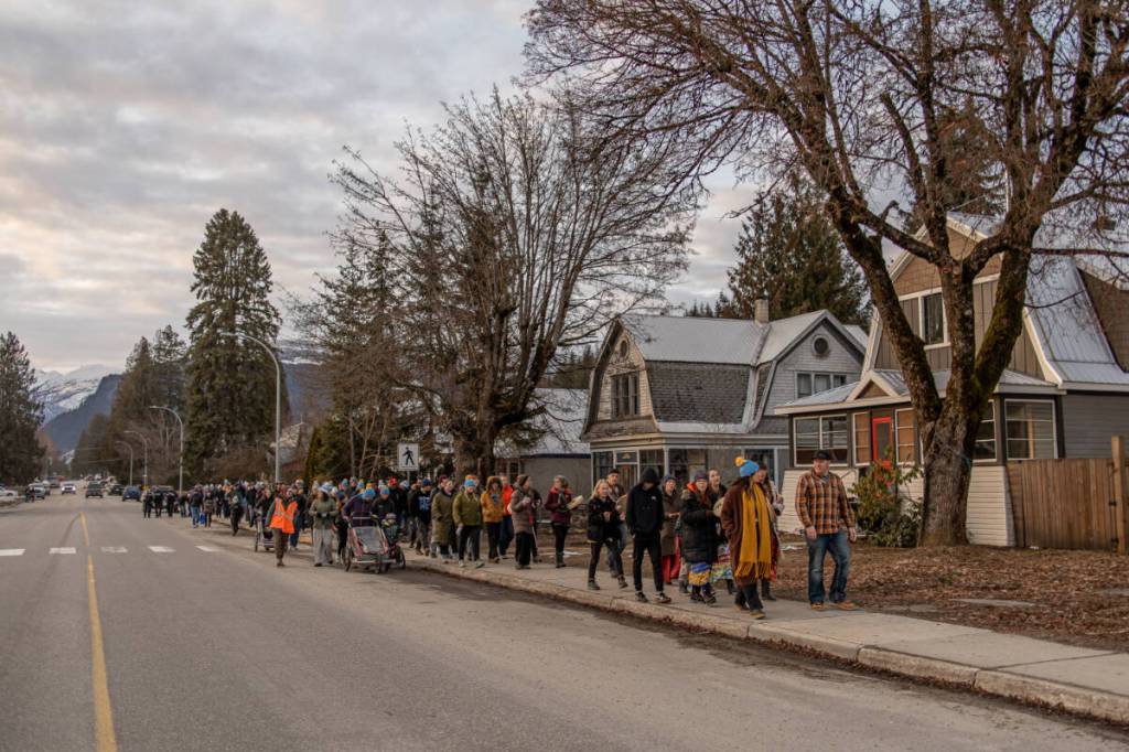 Participants stroll together during the Revelstoke Women&rsquo;s Shelter&rsquo;s annual Coldest Night of the Year fundraiser walk last Saturday, Feb. 28. (Photo by Erika Riemer)